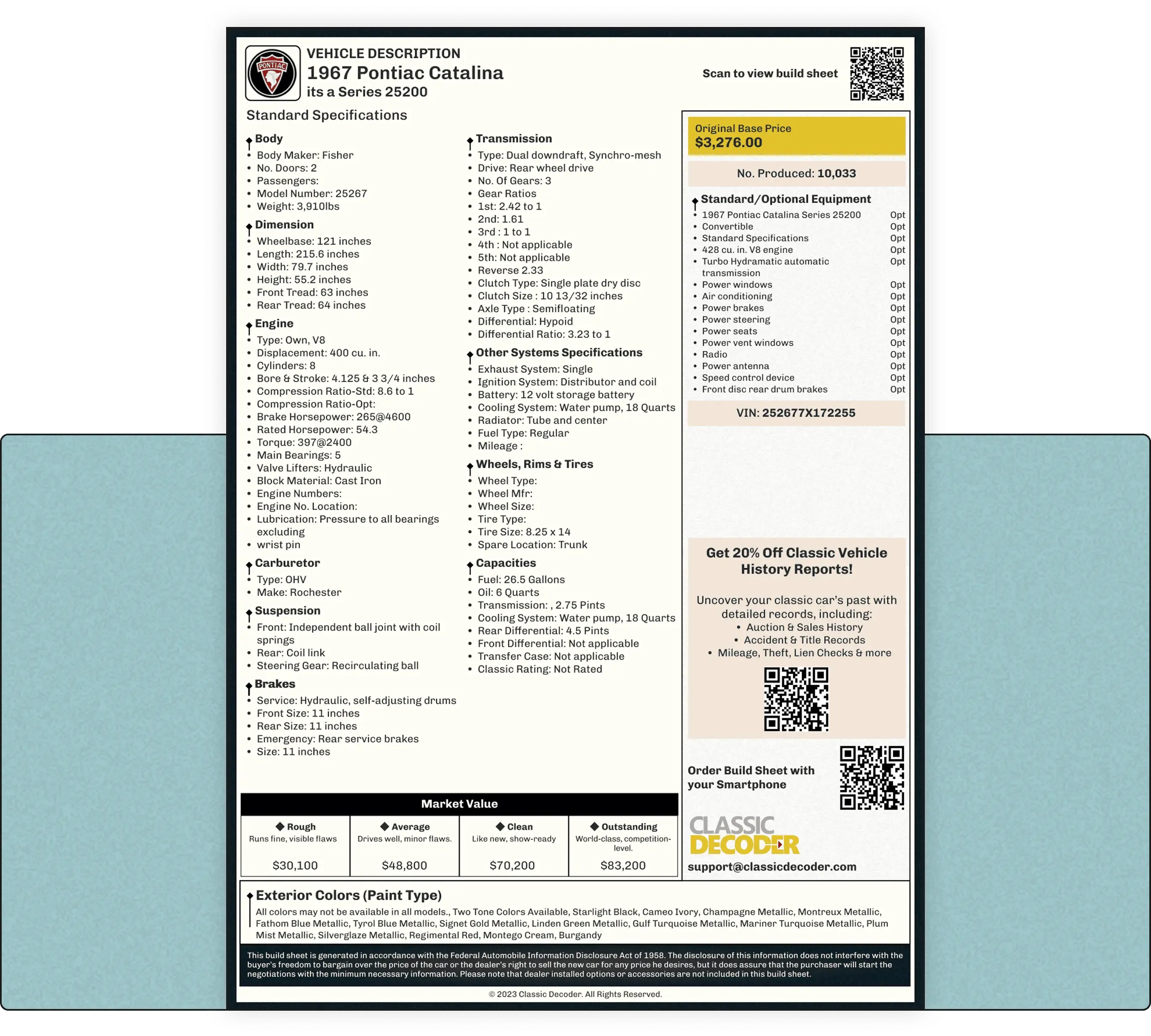 1967 Pontiac Catalina Sample Build Sheet