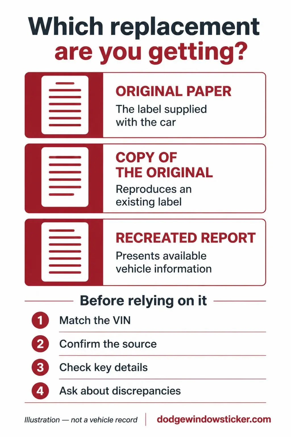 Infographic comparing original paper, a copy, and a recreated window sticker, with four checks for reviewing a replacement.