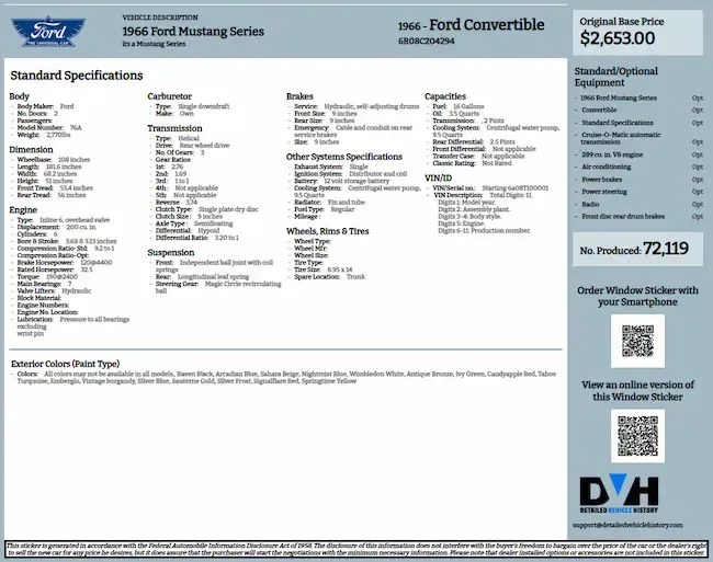 1966 Ford Mustang Series Build Sheet