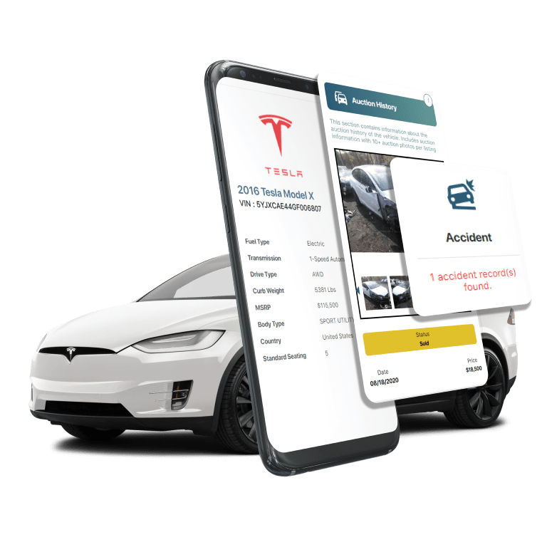 Photo of Tesla VIN Decoder displaying vehicle history report, VIN details, specifications, and recall records on mobile screens beside a Tesla EV Car.