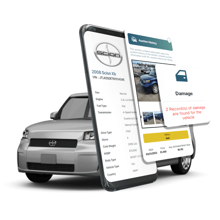 Photo of Scion VIN Decoder displaying vehicle history report, VIN details, specifications, and recall records on mobile screens beside a Scion Car.