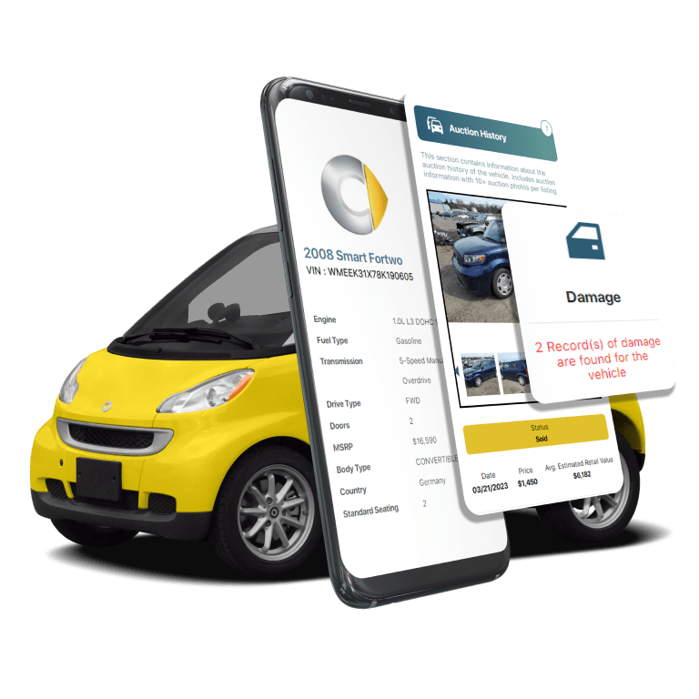 Photo of Smart VIN Decoder displaying vehicle history report, VIN details, specifications, and recall records on mobile screens beside a Smart EV.