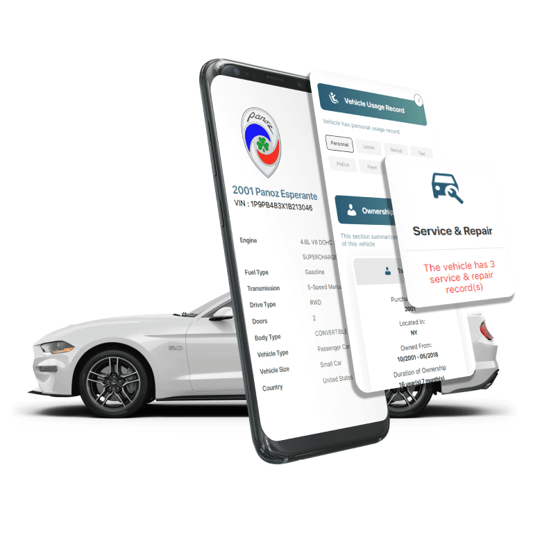 Photo of Panoz VIN Decoder displaying vehicle history report, VIN details, specifications, and recall records on mobile screens beside a Panoz Coupe.