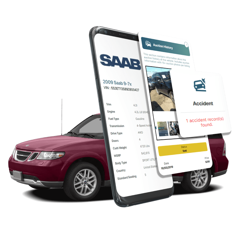 Photo of Saab VIN Decoder displaying vehicle history report, VIN details, specifications, and recall records on mobile screens beside a Saab SUV.