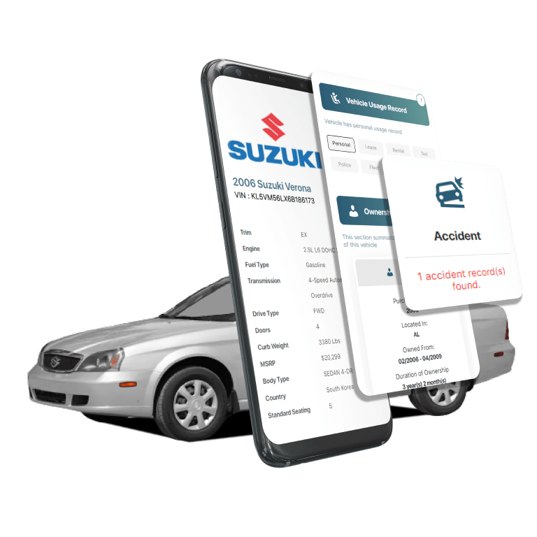Photo of Suzuki VIN Decoder displaying vehicle history report, VIN details, specifications, and recall records on mobile screens beside a Suzuki Sedan.