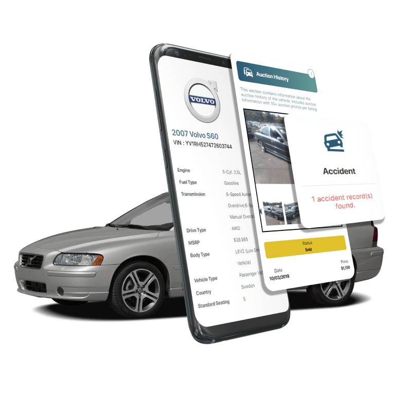 Photo of Volvo VIN Decoder displaying vehicle history report, VIN details, specifications, and recall records on mobile screens beside a Volvo Sedan.