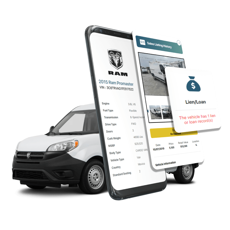 Photo of RAM VIN Decoder displaying vehicle history report, VIN details, specifications, and recall records on mobile screens beside a RAM Car.