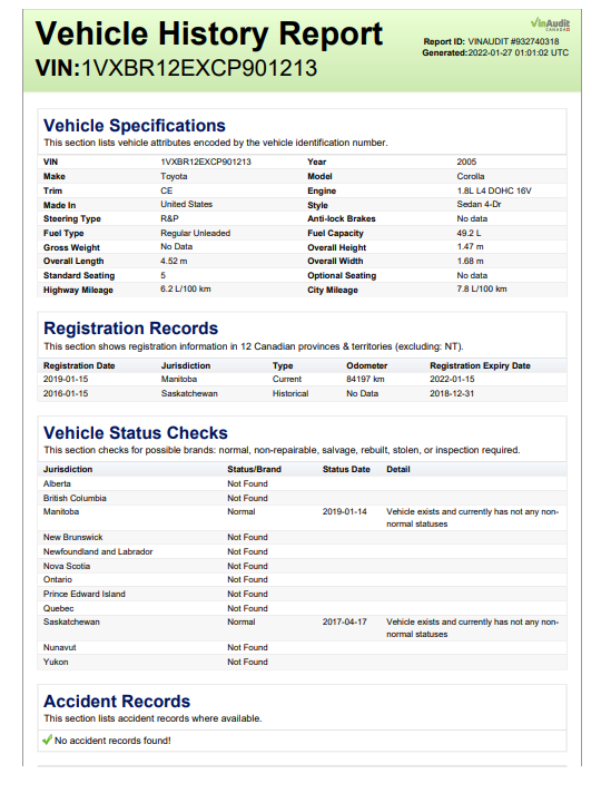 Photo of VINaudit Sample report