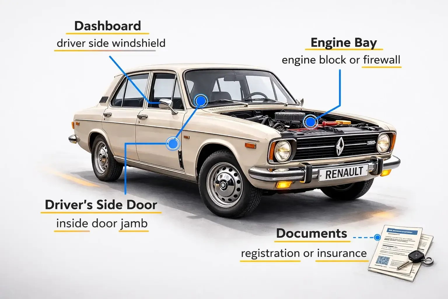 VIN check classic Renault with dashboard, driver-side door, engine bay, and document VIN locations.