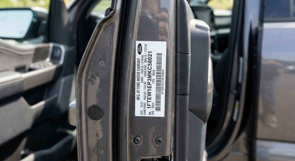 Ford VIN Number label inside the driver's door jamb