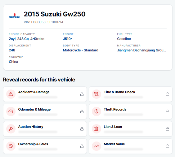Free motorcycle VIN lookup showing vehicle information and specifications